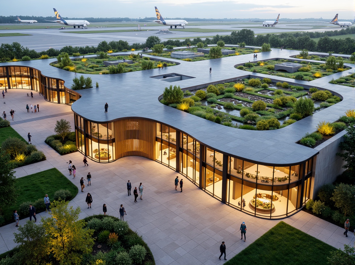 Prompt: Sustainable airport terminal, green roof, solar panels, wind turbines, rainwater harvesting systems, recycled metal fa\u00e7ade, low-carbon concrete, FSC-certified wood, bamboo flooring, energy-efficient glazing, LED lighting, natural ventilation, living walls, urban gardens, modern minimalist architecture, curved lines, futuristic design, airy atriums, spacious open spaces, warm ambient lighting, shallow depth of field, 1/2 composition, realistic textures, ambient occlusion.