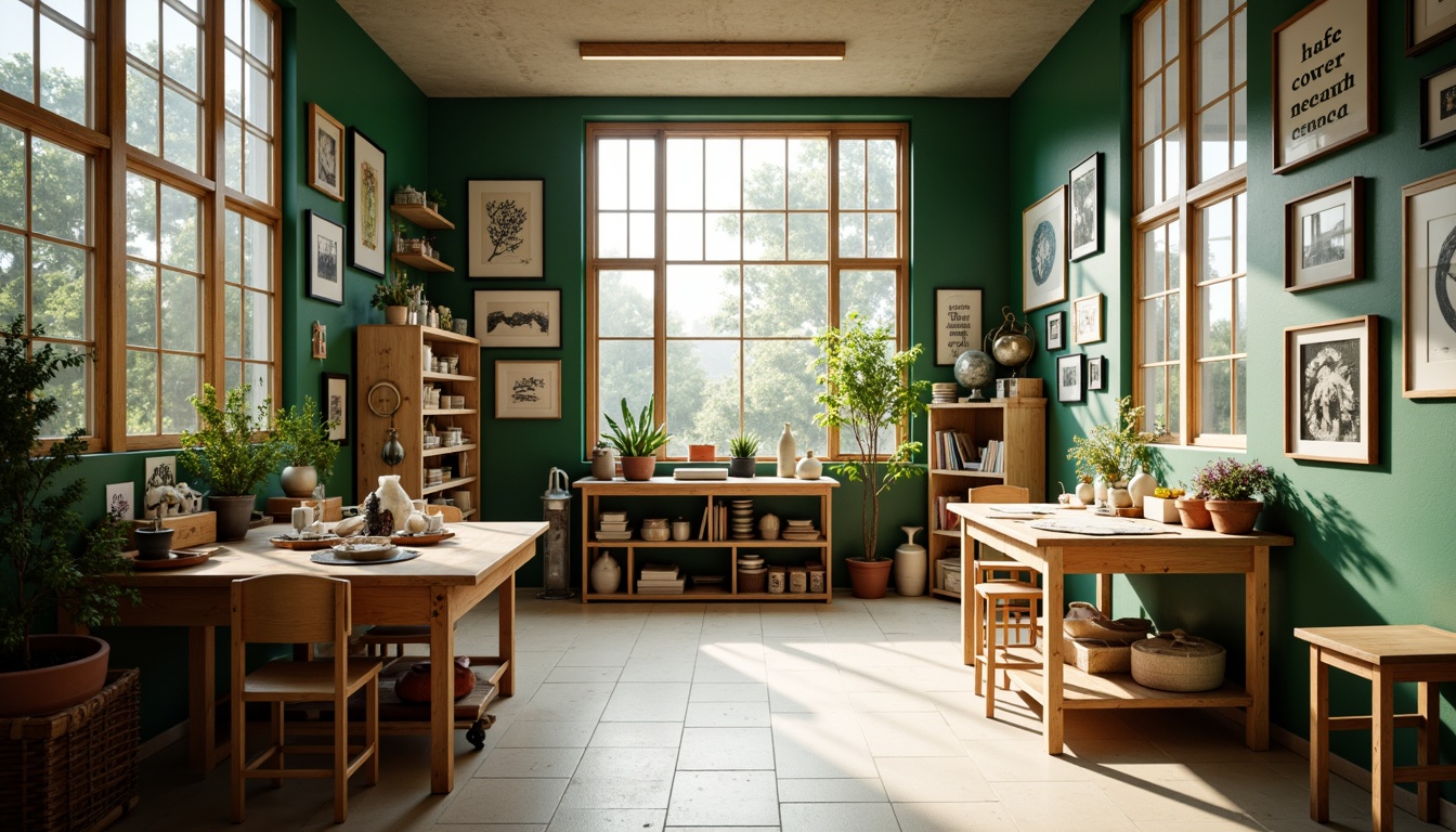 Prompt: Vibrant artistic studio, natural light pouring in, wooden worktables, eclectic art supplies, inspirational quotes, calming green walls, creamy white floors, soft warm lighting, shallow depth of field, 3/4 composition, realistic textures, ambient occlusion.