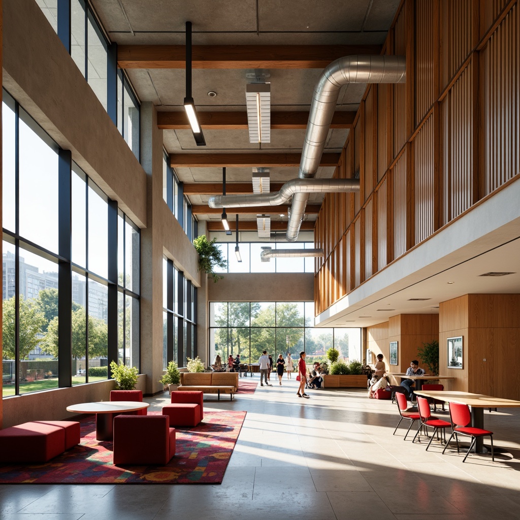 Prompt: Vibrant community center, open floor plan, natural light pouring in, warm wooden accents, comfortable seating areas, colorful rugs, minimalist decor, sleek metal beams, exposed ductwork, collaborative workspaces, circular gathering tables, ergonomic chairs, acoustic panels, sound-absorbing materials, soft ambient lighting, 1/2 composition, shallow depth of field, realistic textures, subtle reflections.