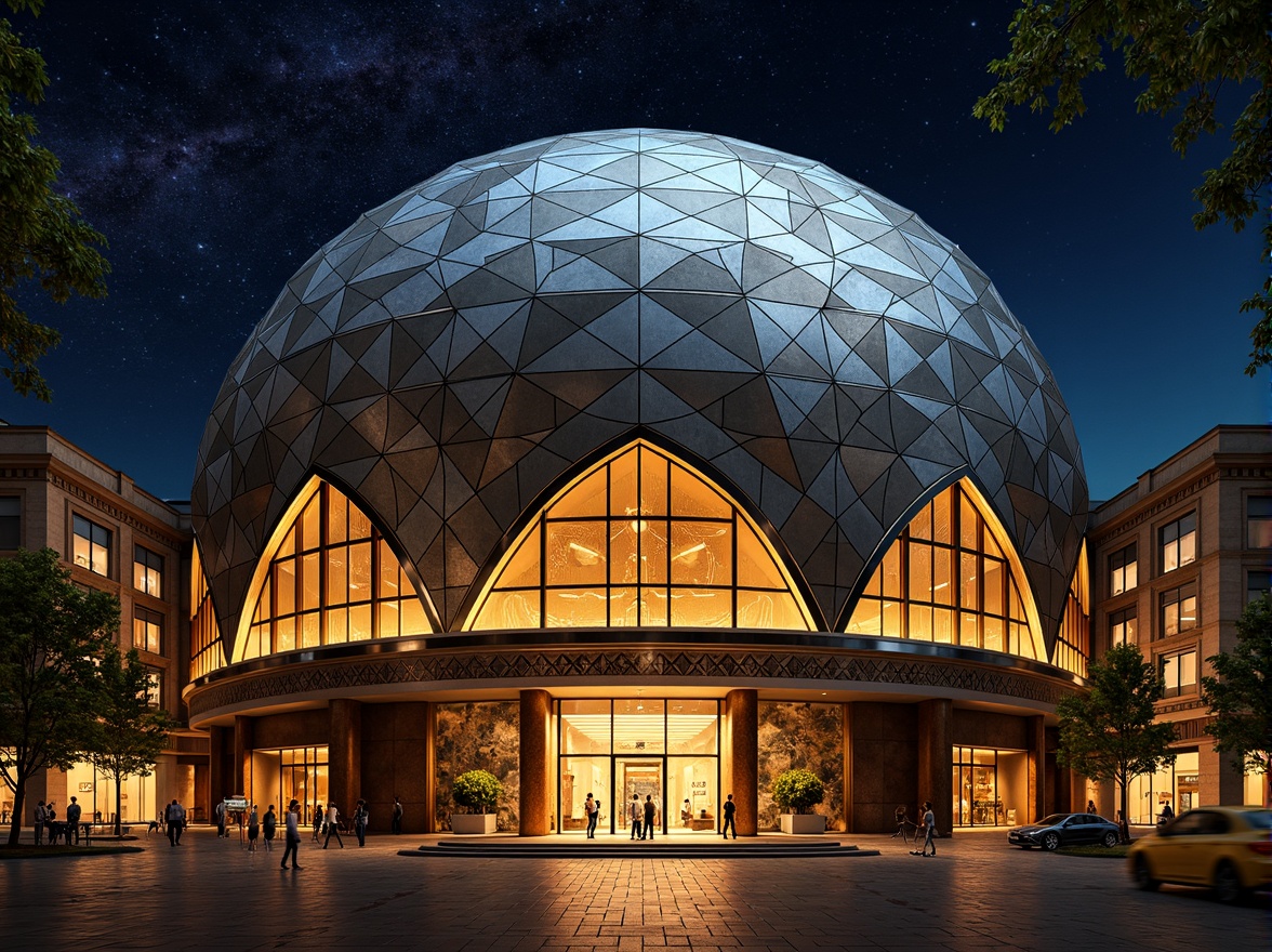 Prompt: Geometric planetarium dome, metallic Art Deco exterior cladding, polished chrome accents, zigzag motifs, chevron patterns, ornate details, luxurious gold leafing, celestial-inspired murals, starry night sky, atmospheric lighting, warm golden glow, shallow depth of field, 1/2 composition, realistic reflections, ambient occlusion.