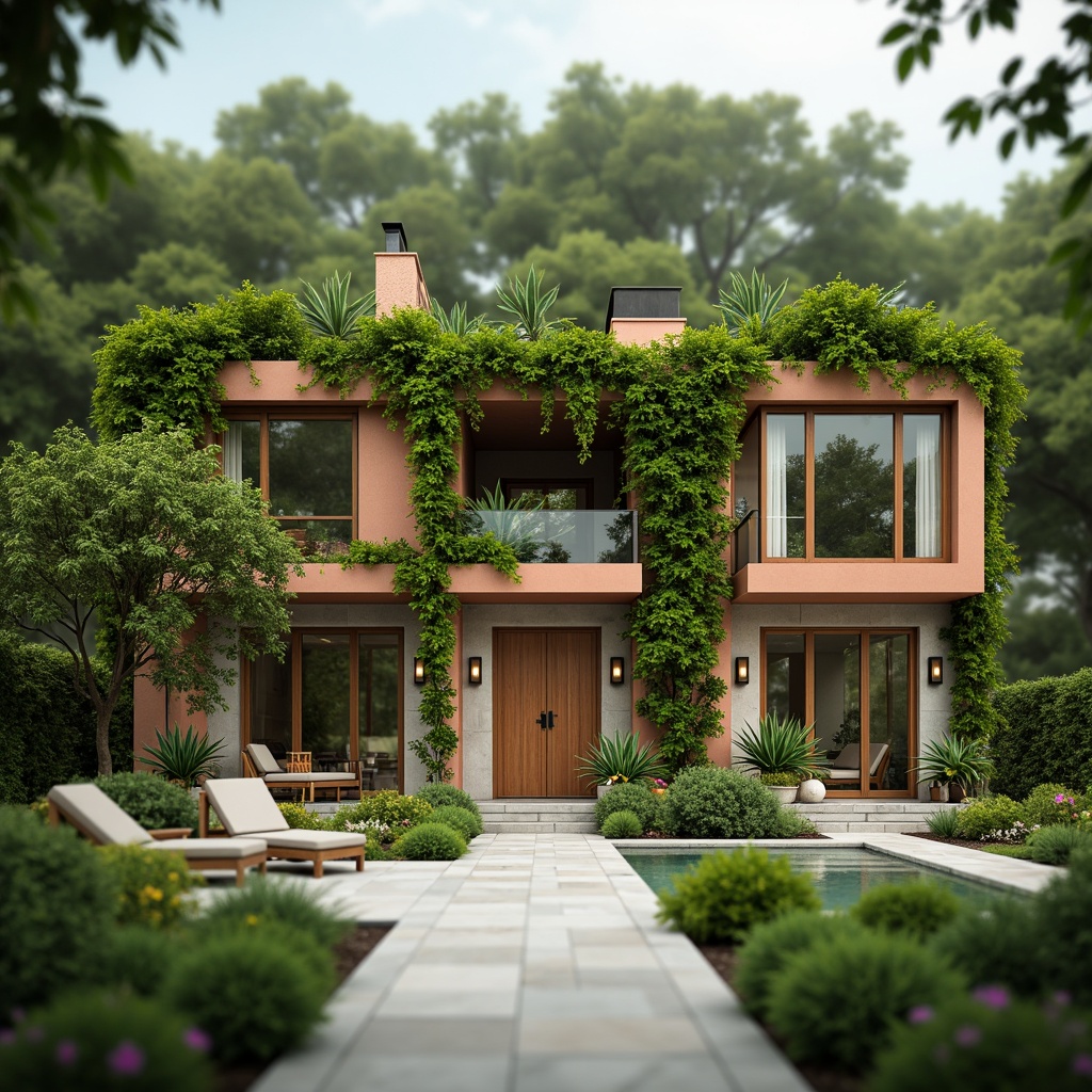 Prompt: Vibrant green roofs, lush foliage walls, earthy terracotta facades, warm beige stonework, rich wood accents, soft mint glass windows, creamy white marble floors, subtle bronze metal details, ambient natural lighting, misty atmospheric effects, shallow depth of field, 1/2 composition, cinematic wide-angle shots, realistic vegetation textures, detailed architectural models.