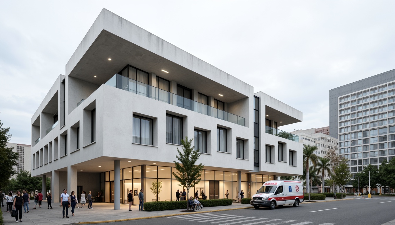 Prompt: Modern hospital facade, structuralist architecture, angular lines, geometric shapes, cantilevered roofs, exposed concrete columns, minimalist ornamentation, functional simplicity, sterile white walls, large windows, natural light infusion, subtle color palette, medical equipment silhouettes, ambulance entrance, wheelchair accessibility, urban cityscape background, overcast sky, soft diffused lighting, shallow depth of field, 1/1 composition, realistic textures, ambient occlusion.