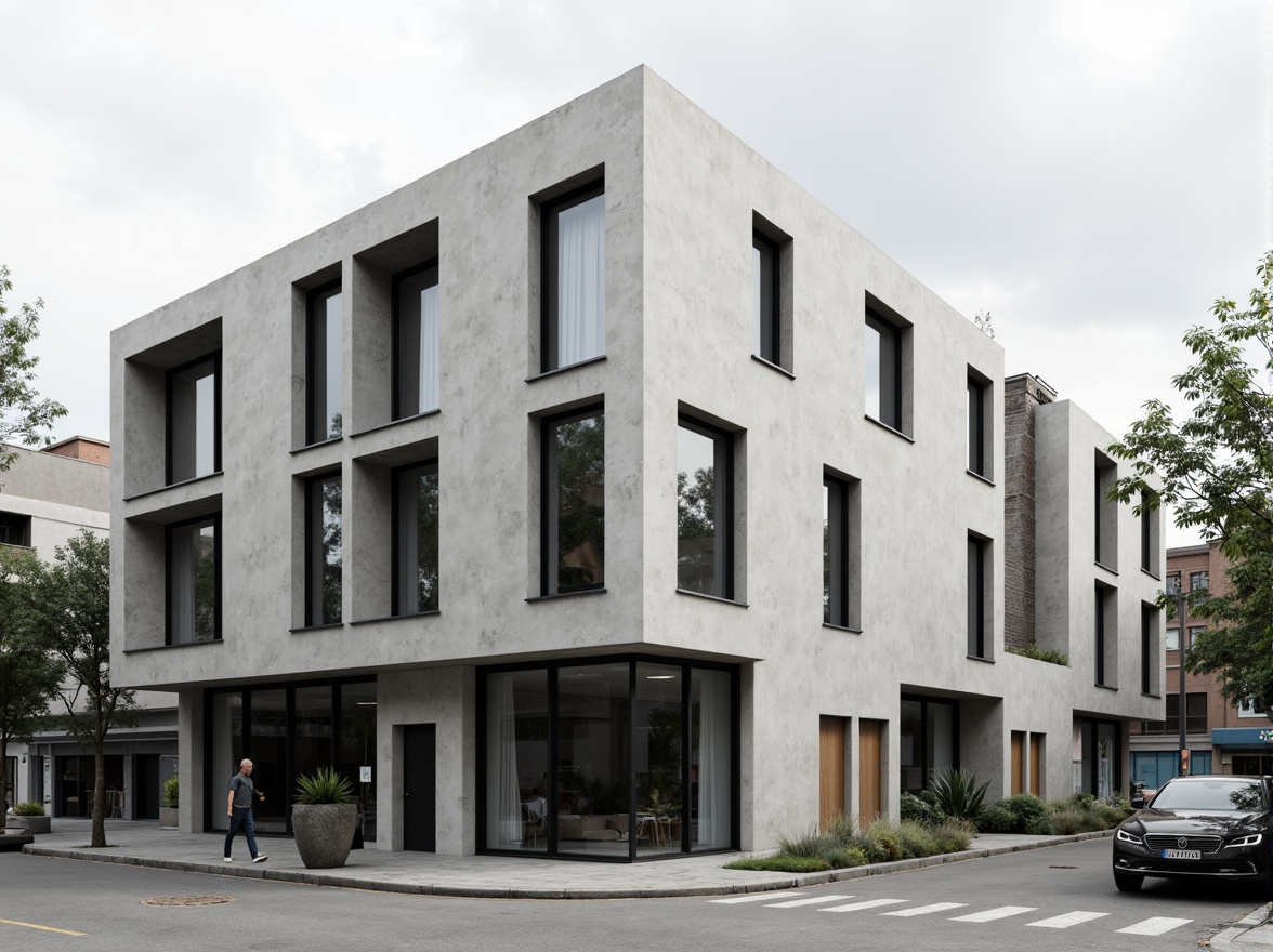 Prompt: Monochromatic minimalist facade, clean lines, simple shapes, industrial materials, concrete textures, steel frames, glass partitions, subtle color variations, natural light reflections, sparse greenery, urban backdrop, cloudy sky, softbox lighting, shallow depth of field, 1/1 composition, realist rendering, ambient occlusion.