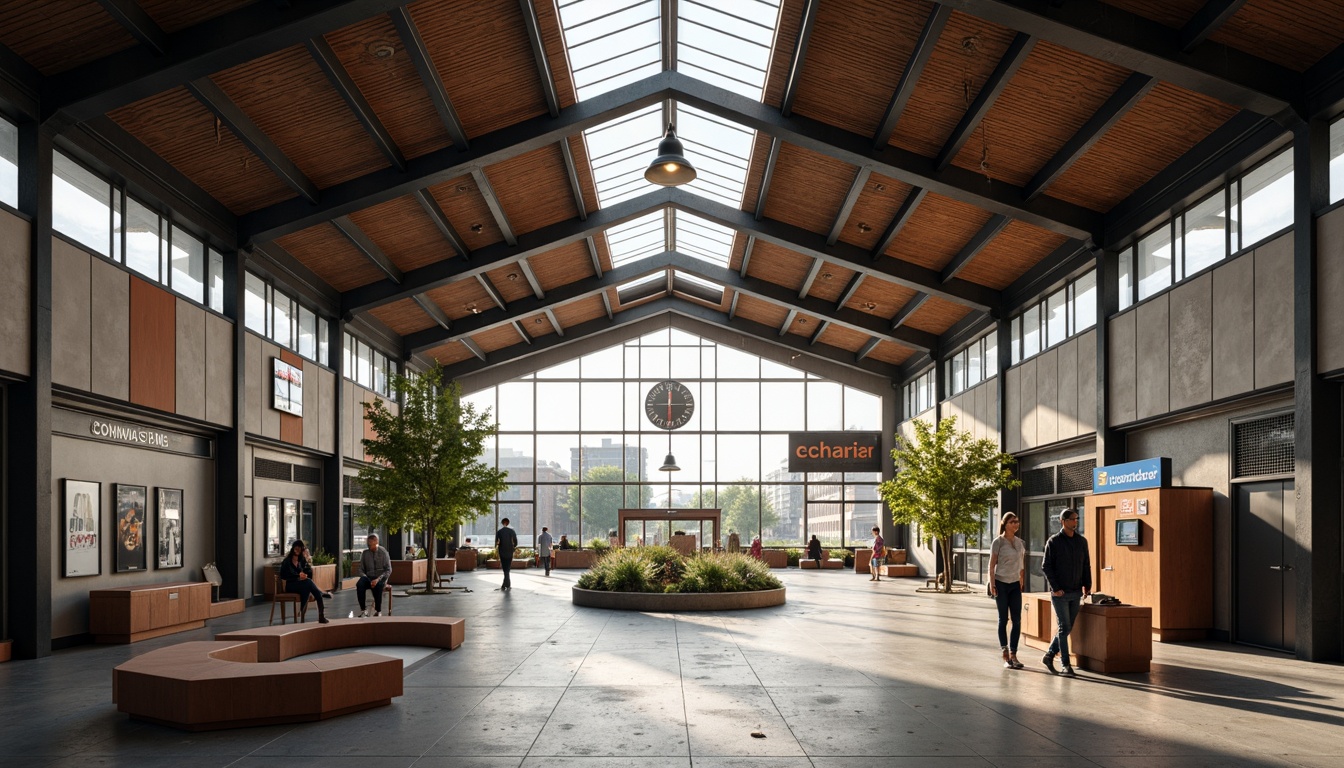 Prompt: Functionalist train station interior, industrial-style lighting, exposed ductwork, raw concrete floors, geometric-shaped benches, minimalist signage, open-plan waiting areas, angular metal columns, functionalist-era inspired furniture, vintage luggage racks, retro-style clocks, warm-toned wooden accents, high ceilings, natural light pouring in, shallow depth of field, 1/2 composition, realistic textures, ambient occlusion.