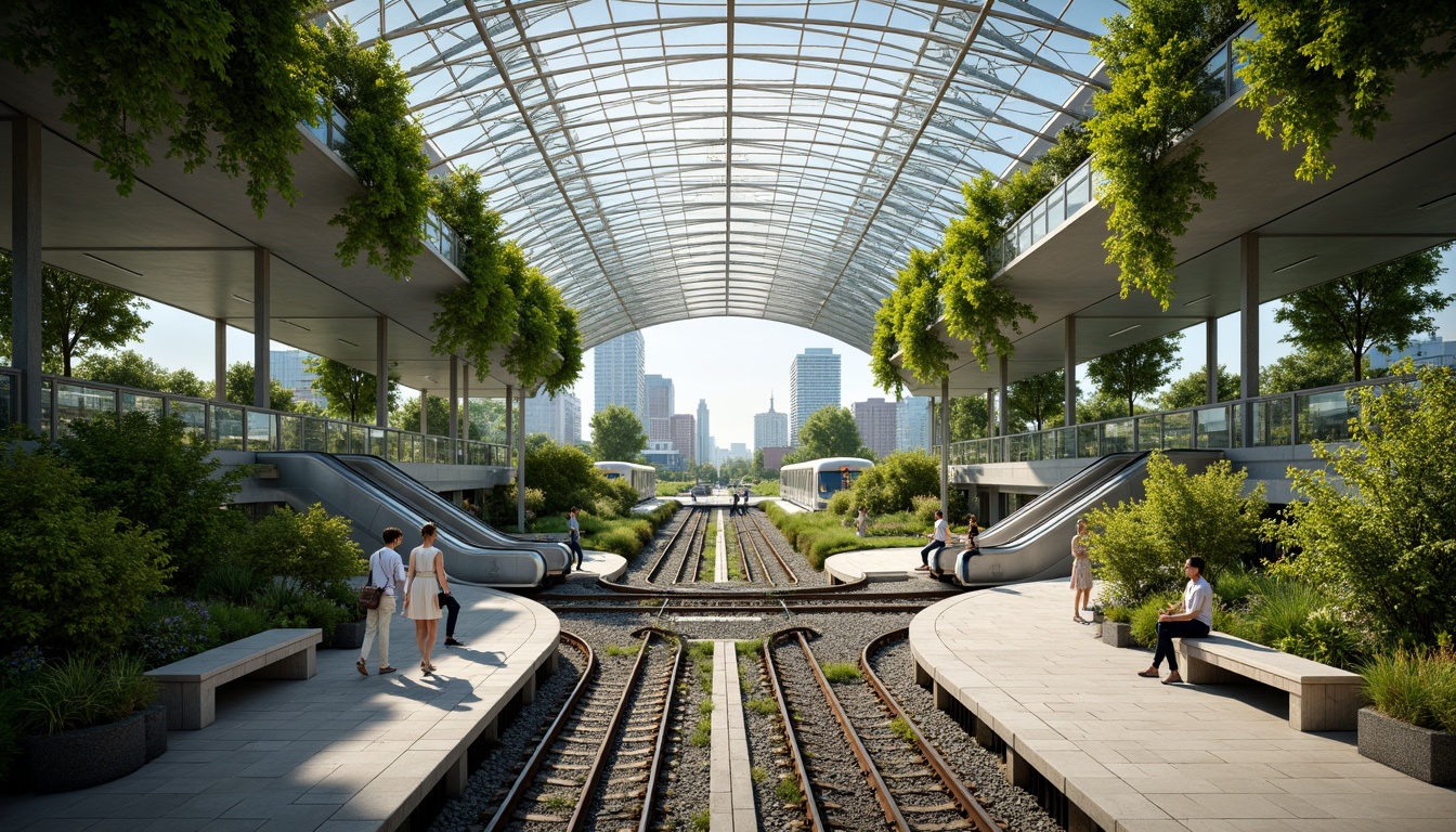 Prompt: Vibrant metro station interior, natural light pouring in, lush green walls, living trees, curved escalators, futuristic rail tracks, sleek modern trains, transparent glass roofs, urban landscape views, seamless transitions, blurred boundaries, natural stone floors, wooden accents, minimalist benches, soft warm lighting, 1/1 composition, shallow depth of field, realistic textures, ambient occlusion.