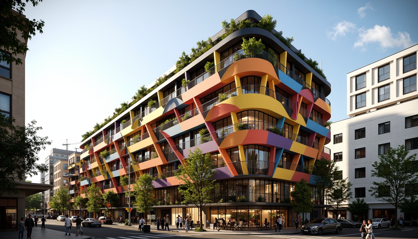 Prompt: Vibrant residential facade, bold geometric patterns, contrasting materials, perforated metal screens, green walls, living roofs, angular balconies, cantilevered structures, experimental architecture, futuristic design, sustainable energy solutions, solar panels, wind turbines, water conservation systems, eco-friendly materials, innovative cooling technologies, shaded outdoor spaces, misting systems, dynamic lighting effects, abstract sculptures, urban landscape, busy streets, modern cityscape, dramatic skies, warm sunlight, shallow depth of field, 1/2 composition, realistic textures, ambient occlusion.