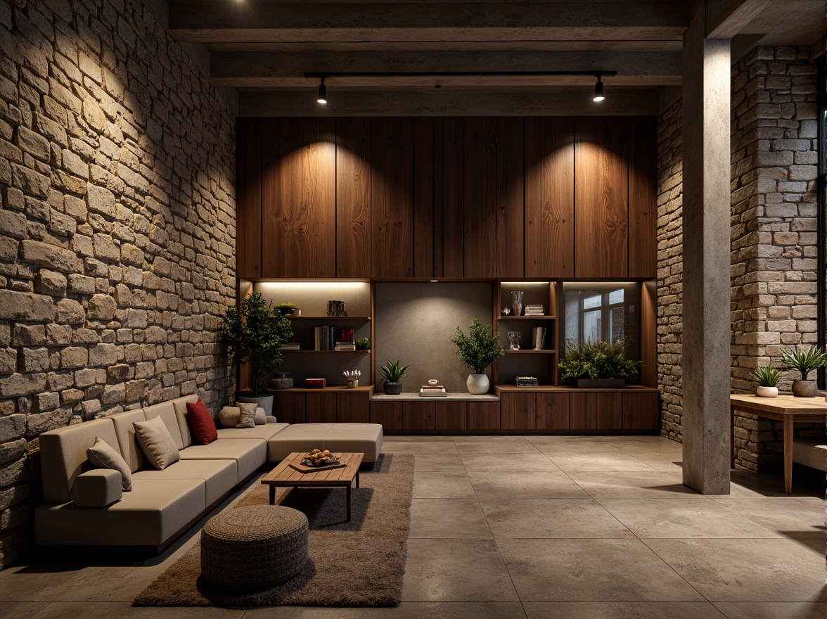 Prompt: Rustic stone walls, rough-hewn granite, earthy tones, natural textures, weathered wooden accents, distressed metal panels, industrial-chic aesthetic, urban loft atmosphere, reclaimed wood flooring, exposed brick ceilings, concrete pillars, minimalist decor, dramatic lighting effects, warm ambient glow, cinematic depth of field, 1/2 composition, moody color palette, gritty realistic render.