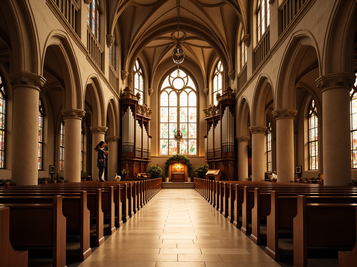 Prompt: Elegant cathedral interior, stunning stained glass windows, warm golden light, vaulted ceilings, ornate stone carvings, polished wooden pews, intricate Gothic arches, majestic pipe organs, subtle color palette, soft diffused lighting, dramatic shadows, atmospheric ambiance, grandeur sense of scale, symmetrical composition, 1/2 format framing, gentle contrast ratio, warm beige tones, cream-colored marble floors, ornate chandeliers, serene atmosphere, peaceful ambiance.