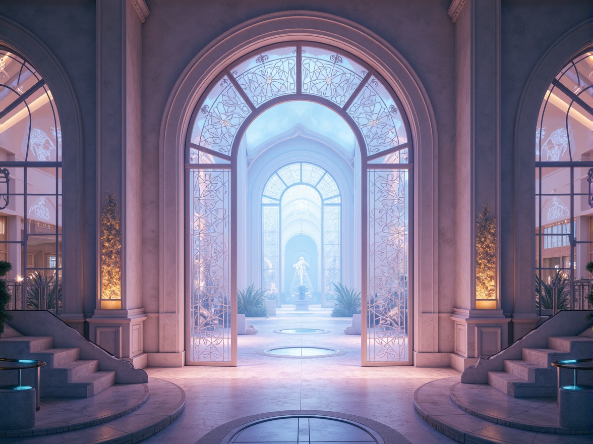 Prompt: Ethereal entrance, iridescent gates, luminous archways, delicate filigree patterns, crystal-like structures, shimmering glass surfaces, soft diffused light, warm ambient glow, subtle gradient effects, 1/1 composition, minimalist design, airy open spaces, futuristic architecture, sleek metal frames, misty atmospheric effects, dreamy surreal quality, high-key lighting.