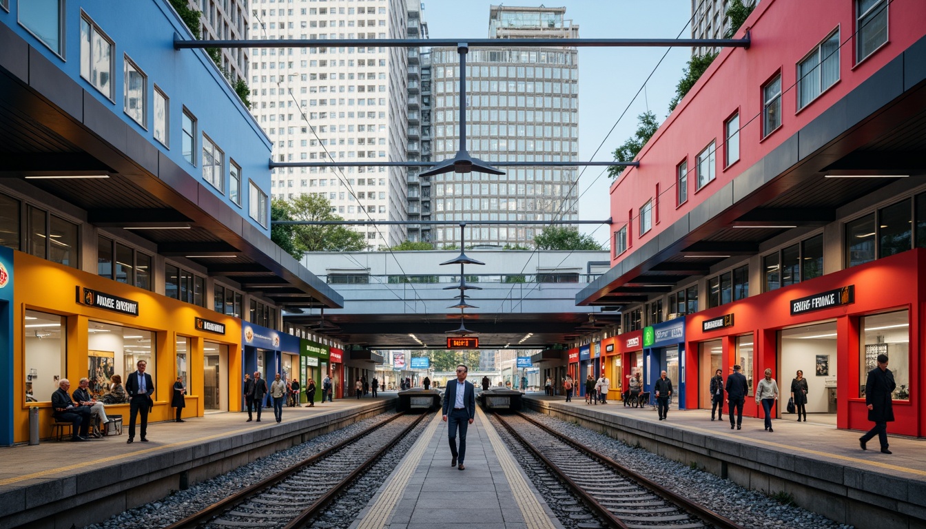 Prompt: Functional train stations, industrial architecture, bold primary colors, rectangular shapes, clean lines, minimal ornamentation, functional signage, metallic materials, urban landscapes, bustling city life, morning commute, soft diffused lighting, 1/1 composition, realistic textures, ambient occlusion.