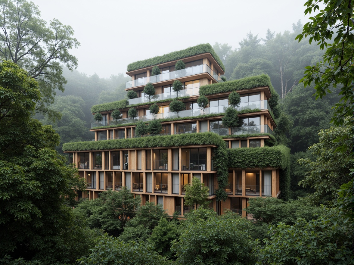 Prompt: Eco-friendly building, living green walls, solar panels, rainwater harvesting systems, natural ventilation, reclaimed wood accents, low-carbon footprint, urban forest surroundings, misty morning atmosphere, soft diffused lighting, shallow depth of field, 3/4 composition, panoramic view, realistic textures, ambient occlusion.