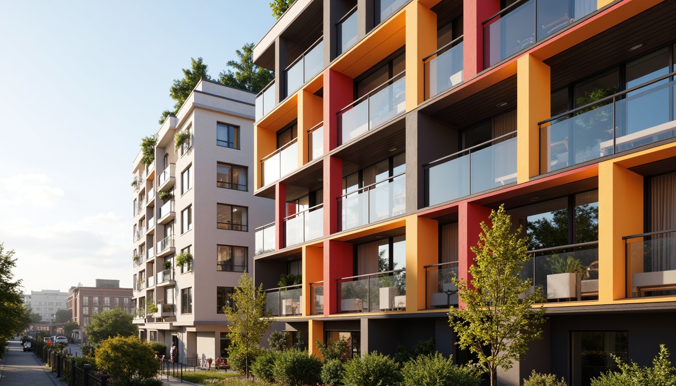 Prompt: Vibrant cityscape, contemporary building facade, bold color accents, contrasting textures, sleek metal cladding, glass balconies, urban landscape, morning sunlight, warm neutral tones, pastel hues, monochromatic scheme, analogous color harmony, 3D modeling, photorealistic rendering, shallow depth of field, wide-angle shot, cinematic composition.