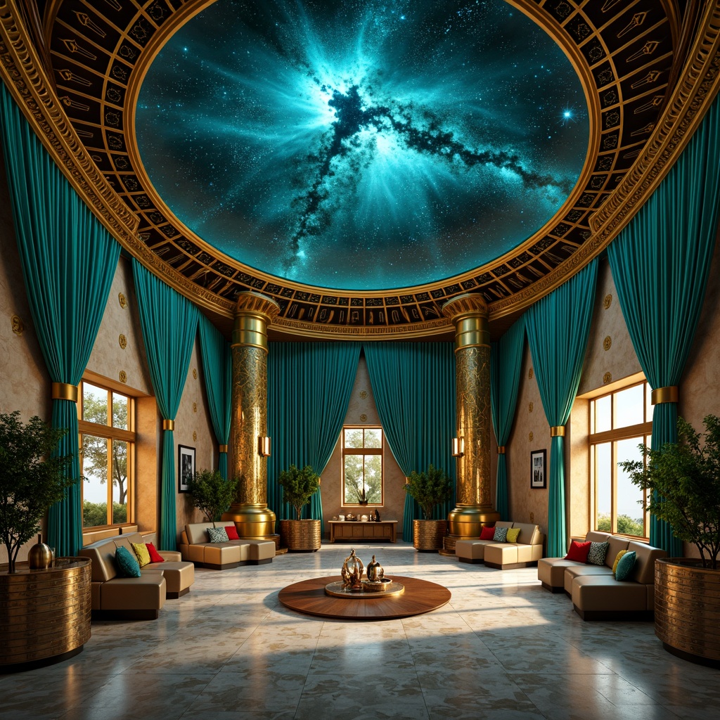 Prompt: Luxurious planetarium interior, celestial dome, starry night sky, vibrant turquoise accents, rich gold metallic details, bold geometric patterns, ornate bronze fixtures, lavish velvet drapes, sophisticated marble floors, art deco-inspired furnishings, retro-futuristic aesthetic, soft warm lighting, dramatic spotlighting, 1/1 composition, realistic reflections, ambient glow.