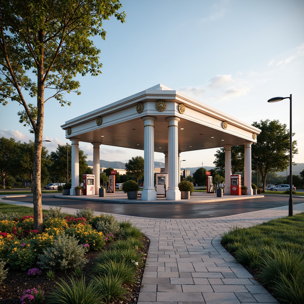 Prompt: Elegant gas station, neoclassical columns, ornate details, symmetrical fa\u00e7ade, grand entrance, lush greenery, manicured lawns, vibrant flowers, natural stone pavement, classic lamp posts, refined metal canopies, subtle brand signage, warm inviting lighting, shallow depth of field, 1/2 composition, panoramic view, realistic textures, ambient occlusion, tranquil atmosphere, suburban landscape, scenic roads, rolling hills, distant trees.