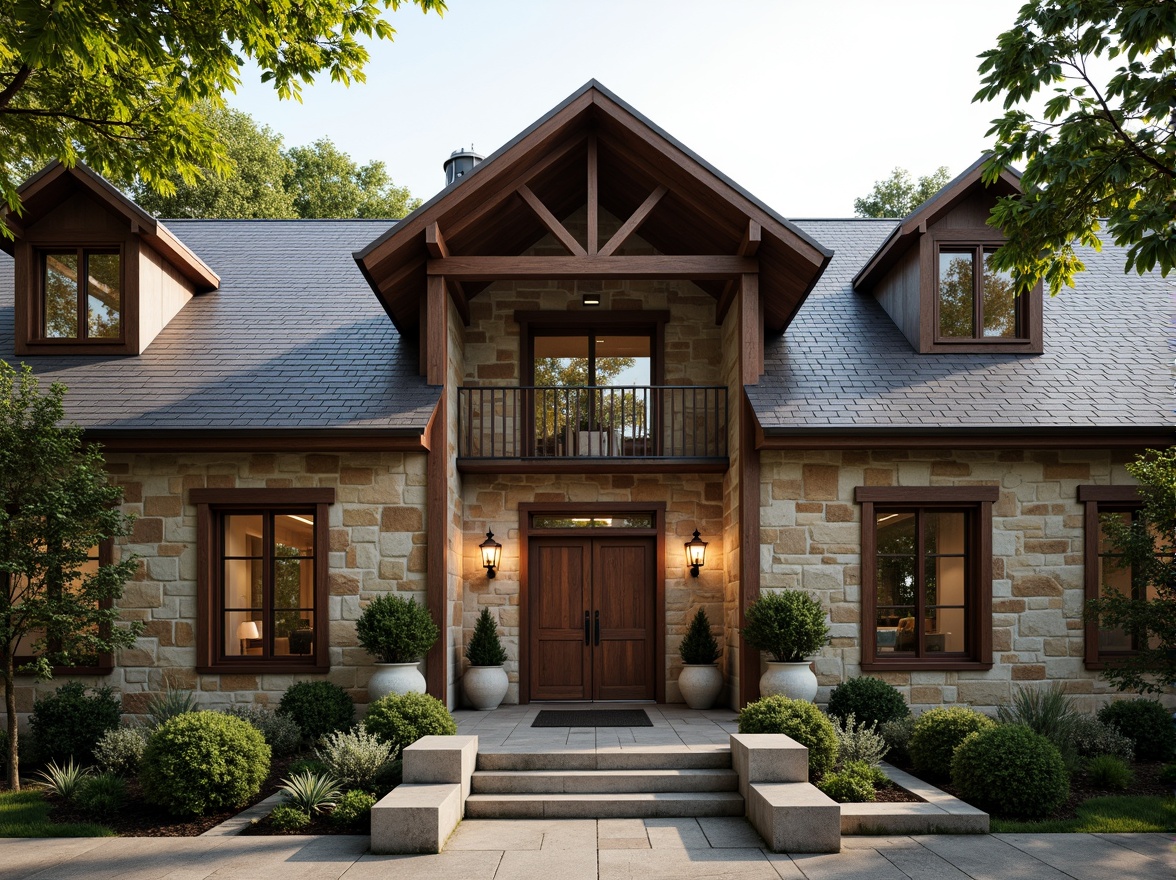 Prompt: Rustic gymnasium facade, regionalism style, earthy tones, natural stone walls, wooden accents, pitched roofs, dormer windows, ornate metalwork, vintage lanterns, lush greenery, overhanging eaves, asymmetrical composition, warm soft lighting, shallow depth of field, 2/3 composition, realistic textures, ambient occlusion.