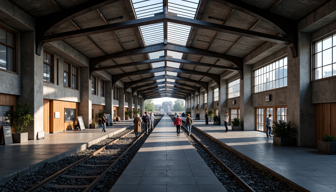 Prompt: Industrial train station, brutalist architecture, exposed concrete structures, metal beams, functional design, minimalist aesthetic, raw material textures, rough stone walls, industrial-style lighting, urban cityscape, busy atmosphere, morning rush hour, soft natural light, shallow depth of field, 1/1 composition, symmetrical framing, high-contrast colors, realistic reflections, ambient occlusion.