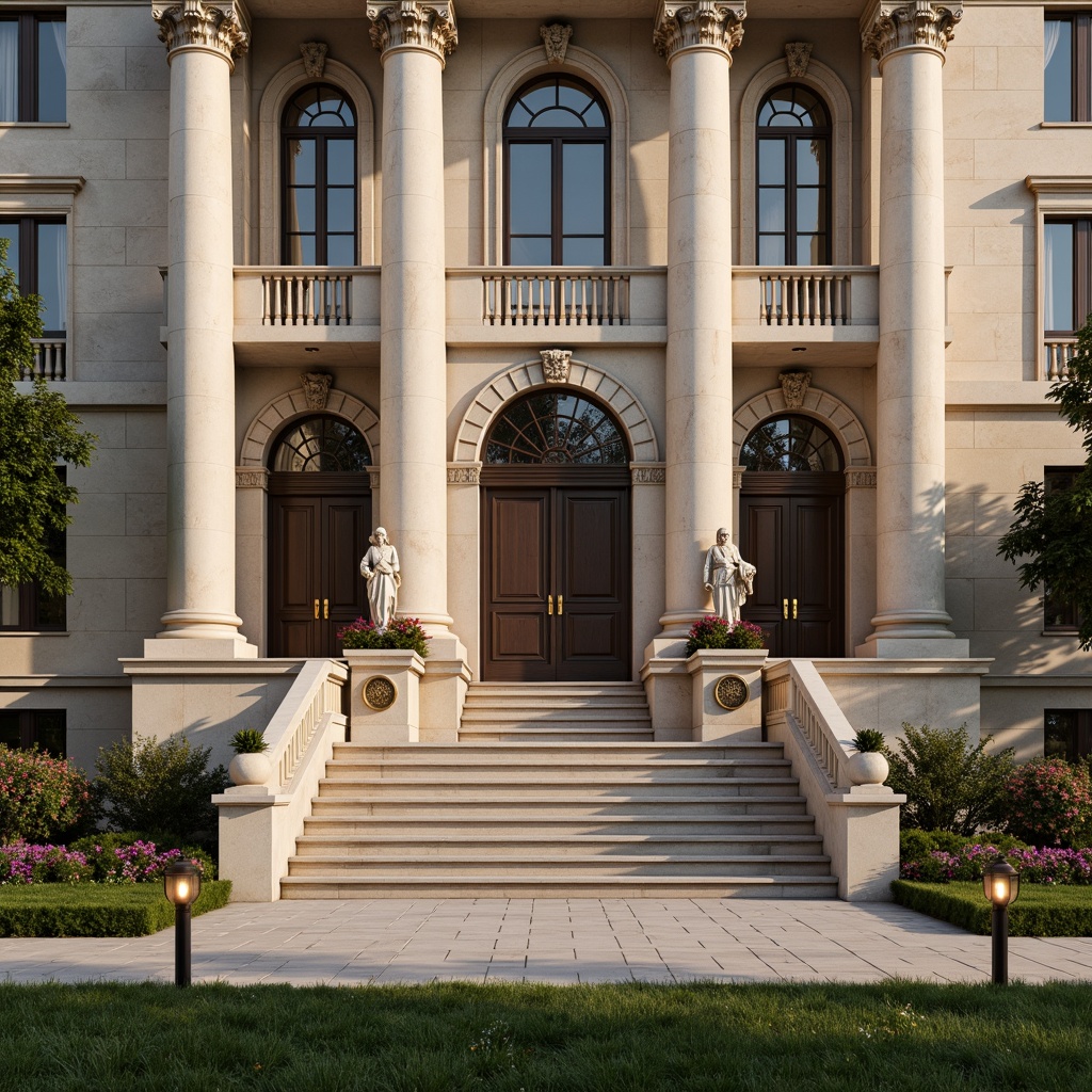 Prompt: Grandiose courthouse facade, imposing stone columns, ornate Corinthian capitals, symmetrical architecture, majestic entrance stairs, bronze door handles, intricate carvings, classical pediments, solemn statues, manicured lawns, vibrant flower beds, walkway lanterns, warm golden lighting, shallow depth of field, 2/3 composition, realistic textures, ambient occlusion.