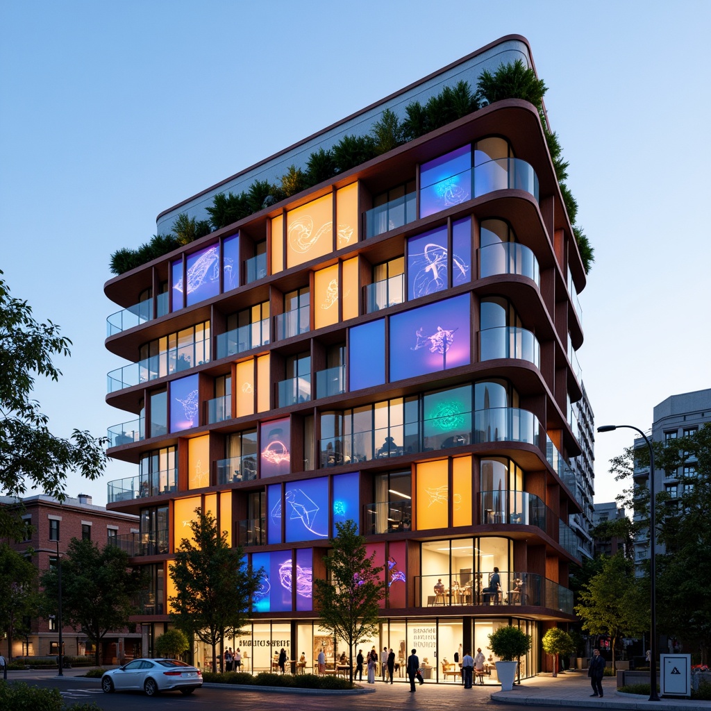 Prompt: Vibrant residential facade, eclectic mix of materials, bold color blocking, irregular shapes, cantilevered volumes, dynamic light installations, futuristic LED displays, experimental 3D printing techniques, parametric design, algorithmic patterns, modular components, adaptive shading systems, double-glazed windows, translucent insulation, sustainable building practices, urban density, cityscape views, contrasting textures, juxtaposed forms, avant-garde aesthetic, innovative structural systems, cantilevered balconies, green roofs, living walls.