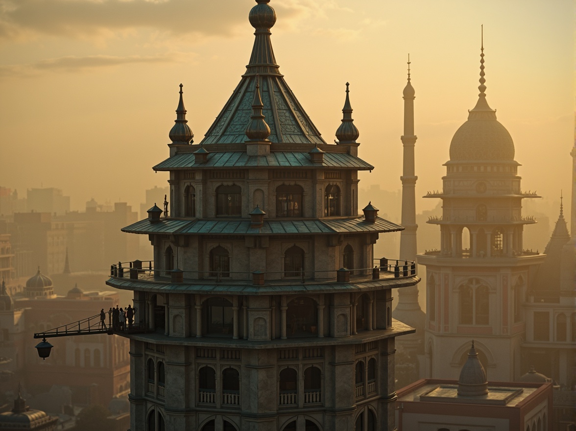 Prompt: Elegant Watchtower, slender silhouette, ornate stonework, majestic spires, grand archways, intricate carvings, weathered copper roofing, mystical lanterns, atmospheric mist, warm golden lighting, shallow depth of field, 1/2 composition, symmetrical framing, cinematic perspective, high-contrast textures, subtle ambient occlusion.