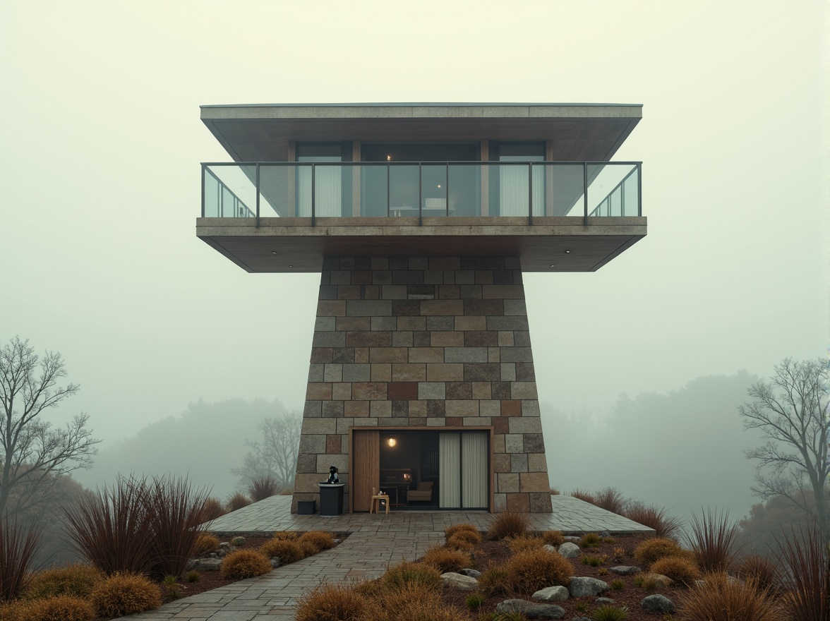 Prompt: Elegant watching tower, slender silhouette, minimalist architecture, rustic wooden accents, weathered stone foundation, panoramic viewing deck, binoculars installations, nature-inspired color palette, earthy tones, misty atmospheric effects, soft warm lighting, cinematic composition, shallow depth of field, symmetrical framing, realistic textures, ambient occlusion.