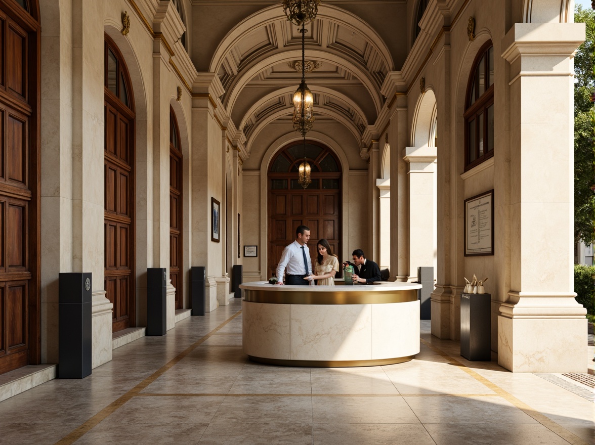 Prompt: \Neoclassical charging station, ornate details, grandiose columns, symmetrical arches, soft cream marble, warm beige stonework, rich dark wood accents, elegant bronze fixtures, subtle gold trim, muted earthy tones, natural stone flooring, ambient softbox lighting, shallow depth of field, 1/2 composition, realistic textures, atmospheric perspective.\