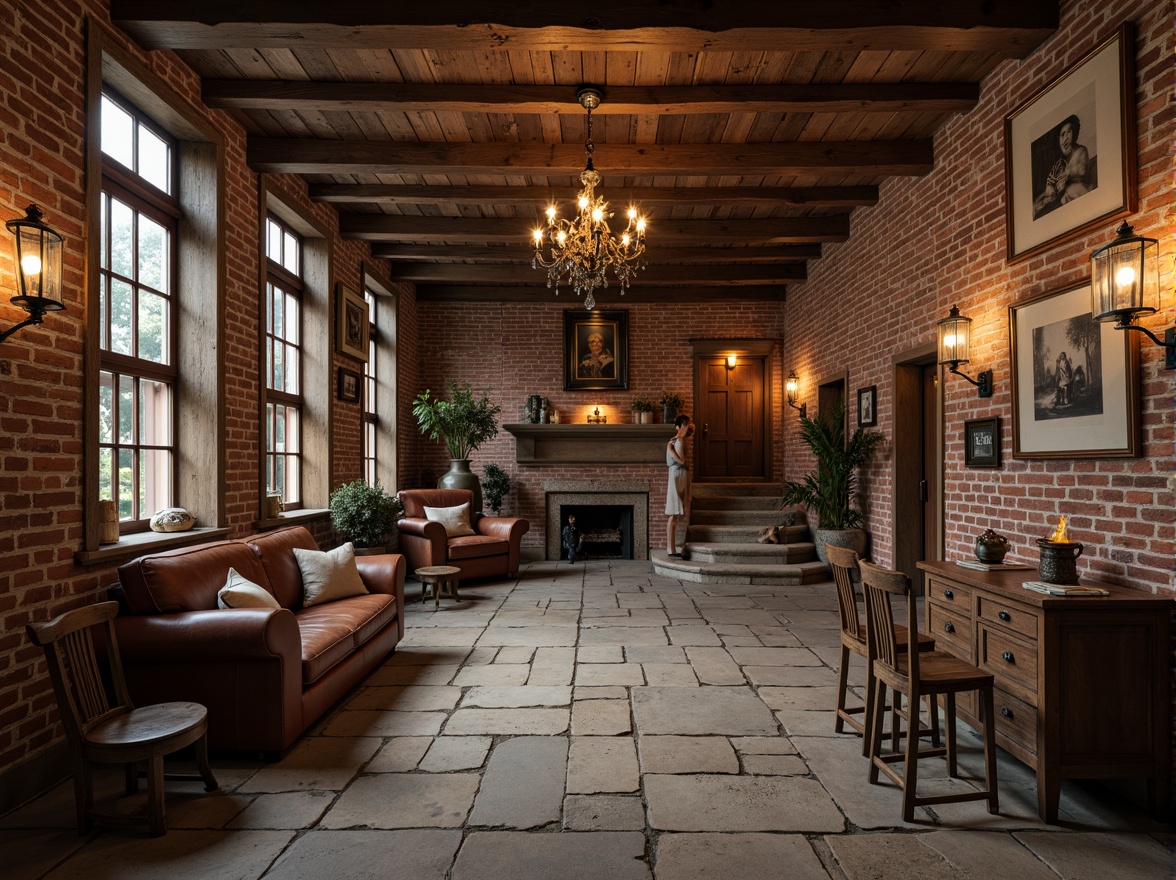 Prompt: Rustic brick walls, worn stone floors, ornate wooden doors, vintage metal lanterns, distressed leather furniture, rich wood accents, earthy color palette, warm soft lighting, shallow depth of field, 3/4 composition, classic academic architecture, grand staircase, elegant chandeliers, sophisticated interior design, refined decorative details, atmospheric misting effects.