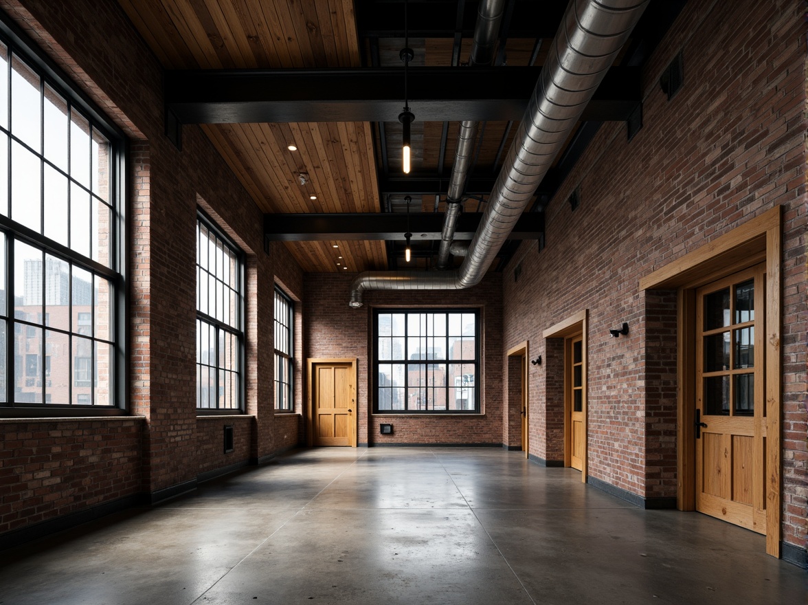 Prompt: Exposed brick walls, metal beams, reclaimed wood accents, industrial-style lighting fixtures, urban cityscape, converted warehouse, high ceilings, polished concrete floors, steel-framed windows, mechanical ductwork, functional pipes, distressed textures, gritty atmosphere, moody color palette, dramatic shadows, cinematic lighting, 3/4 composition, low-angle shot, realistic renderings.