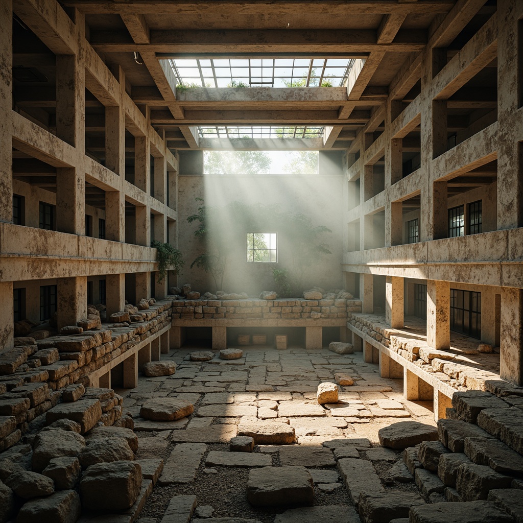 Prompt: Rough-hewn stone amphitheater, brutalist architecture, rugged concrete walls, exposed ductwork, natural light pouring in, clerestory windows, high ceilings, industrial-style lighting fixtures, raw unfinished textures, earthy color palette, dramatic shadows, warm afternoon sunlight, soft diffused lighting, subtle gradient effects, cinematic composition, symmetrical framing, atmospheric fog, misty ambiance.