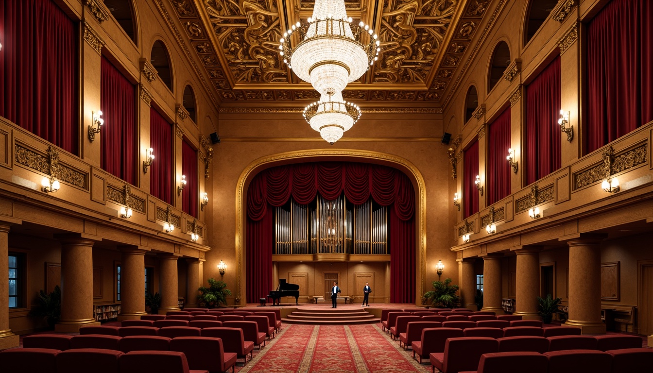 Prompt: Elegant music hall, ornate chandeliers, rich wood paneling, velvet curtains, gold accents, intricate moldings, grand pianos, comfortable seating areas, intimate stage settings, warm ambient lighting, shallow depth of field, 1/2 composition, symmetrical balance, luxurious textiles, refined color palette, soft carpeting, acoustic panels, soundproofing materials, historic preservation, nostalgic atmosphere, dramatic archways, opulent furnishings.