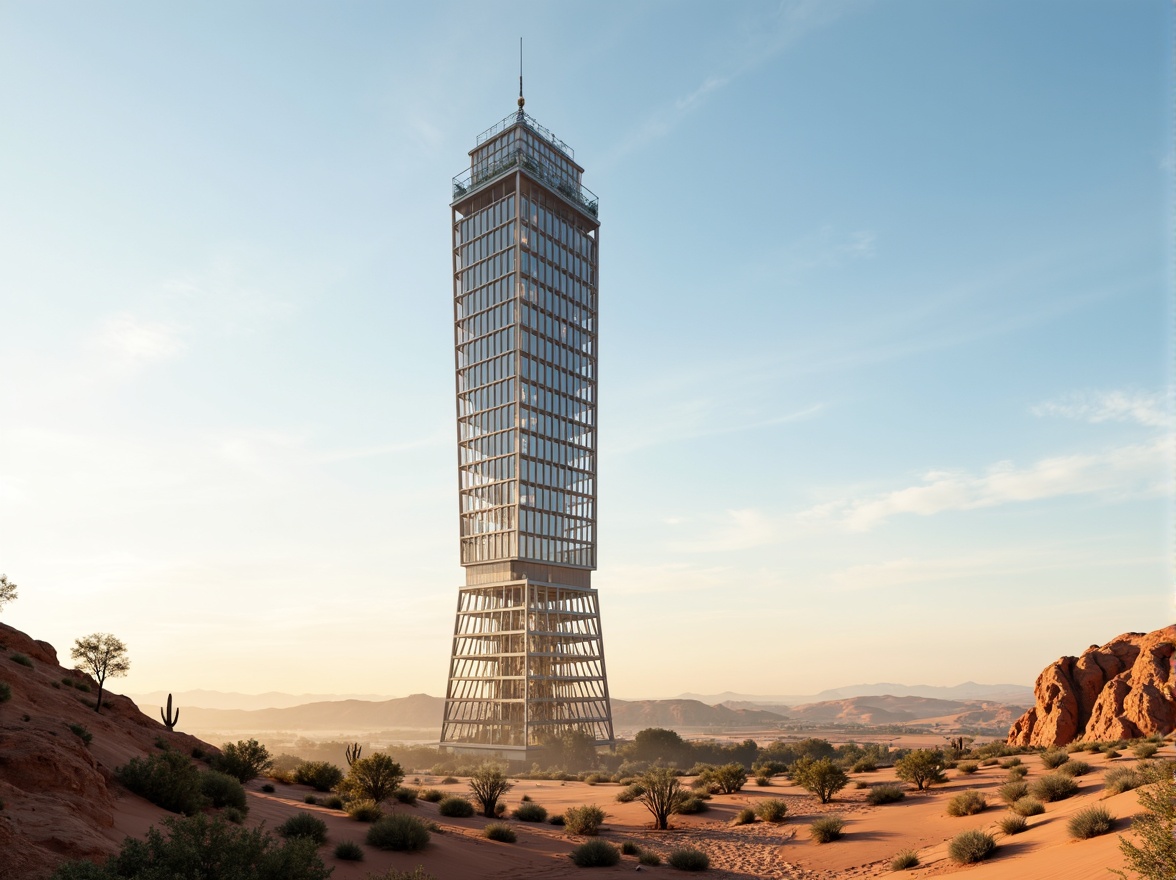 Prompt: Tall, slender watching tower, modern minimalist architecture, sleek metal framework, transparent glass panels, angular lines, futuristic aesthetic, desert landscape, sandy dunes, cactus plants, hot sunny day, clear blue sky, vast open space, 360-degree panoramic view, atmospheric mist, warm golden lighting, high-contrast shadows, shallow depth of field, 2/3 composition, cinematic camera angles, realistic textures, ambient occlusion.