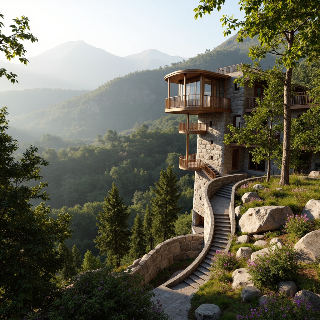 Prompt: Panoramic watching tower, rugged stone walls, wooden observation decks, verdant tree canopies, misty mountain air, winding stairs, telescopic views, natural stone textures, earthy color palette, organic architecture, seamless landscape integration, curved lines, sustainable building materials, eco-friendly design, scenic hiking trails, wildflower meadows, serene forest surroundings, warm golden lighting, shallow depth of field, 2/3 composition, atmospheric perspective.