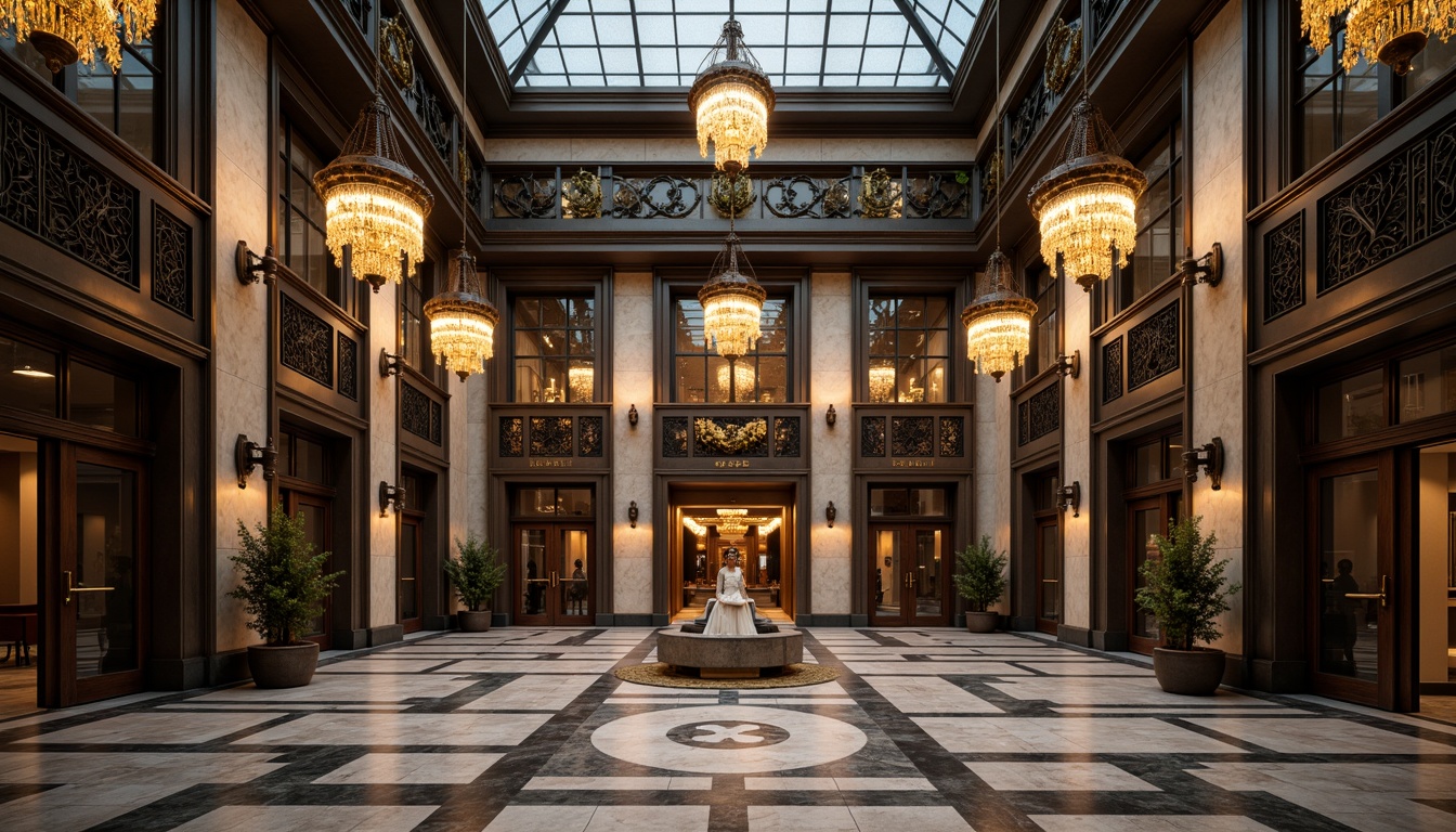 Prompt: Geometric bank building, ornate metalwork, luxurious marble floors, lavish chandeliers, intricate stone carvings, symmetrical composition, grand entrance, bronze door handles, elegant typography, metallic accents, rich wood tones, sophisticated color palette, dramatic lighting, high-contrast shading, atmospheric perspective, 1/2 composition, cinematic view, realistic reflections, detailed textures.