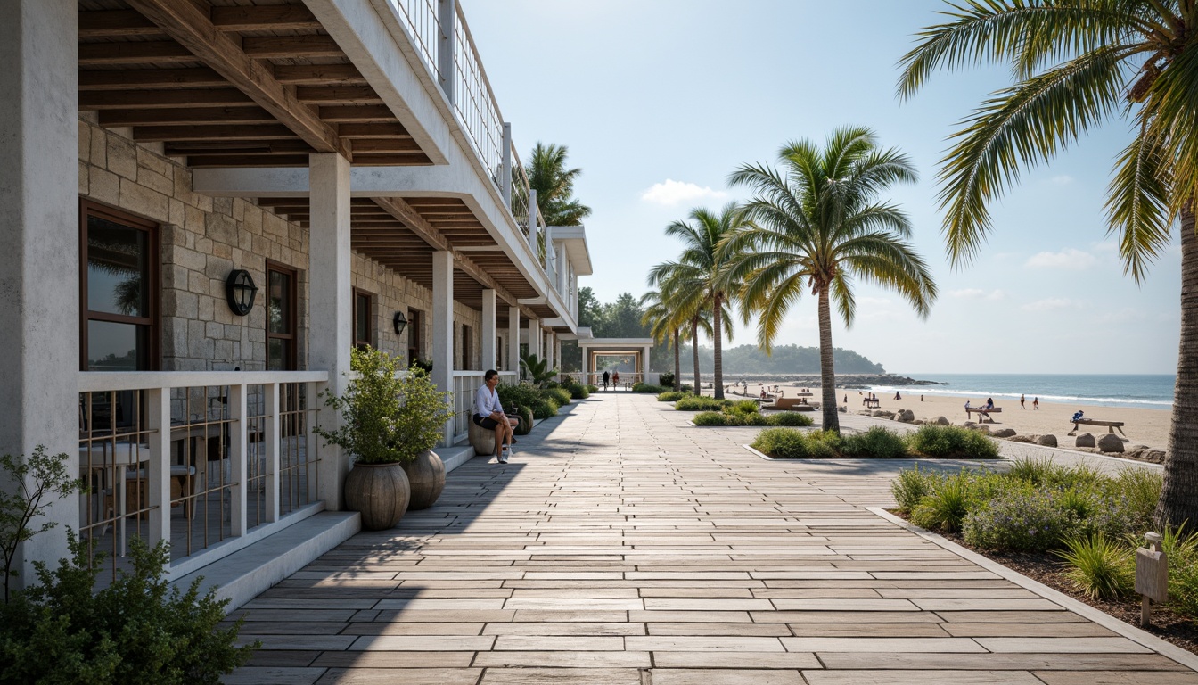 Prompt: Weathered wooden planks, driftwood accents, ocean-battered stone walls, salty misty atmosphere, seaside promenade, nautical-themed decorations, rope details, distressed finishes, beachy color palette, soft blue-grey hues, white-washed windows, rustic metal railings, sandy dune-inspired landscaping, tropical palm trees, warm sunny day, shallow depth of field, 1/1 composition, realistic textures, ambient occlusion.