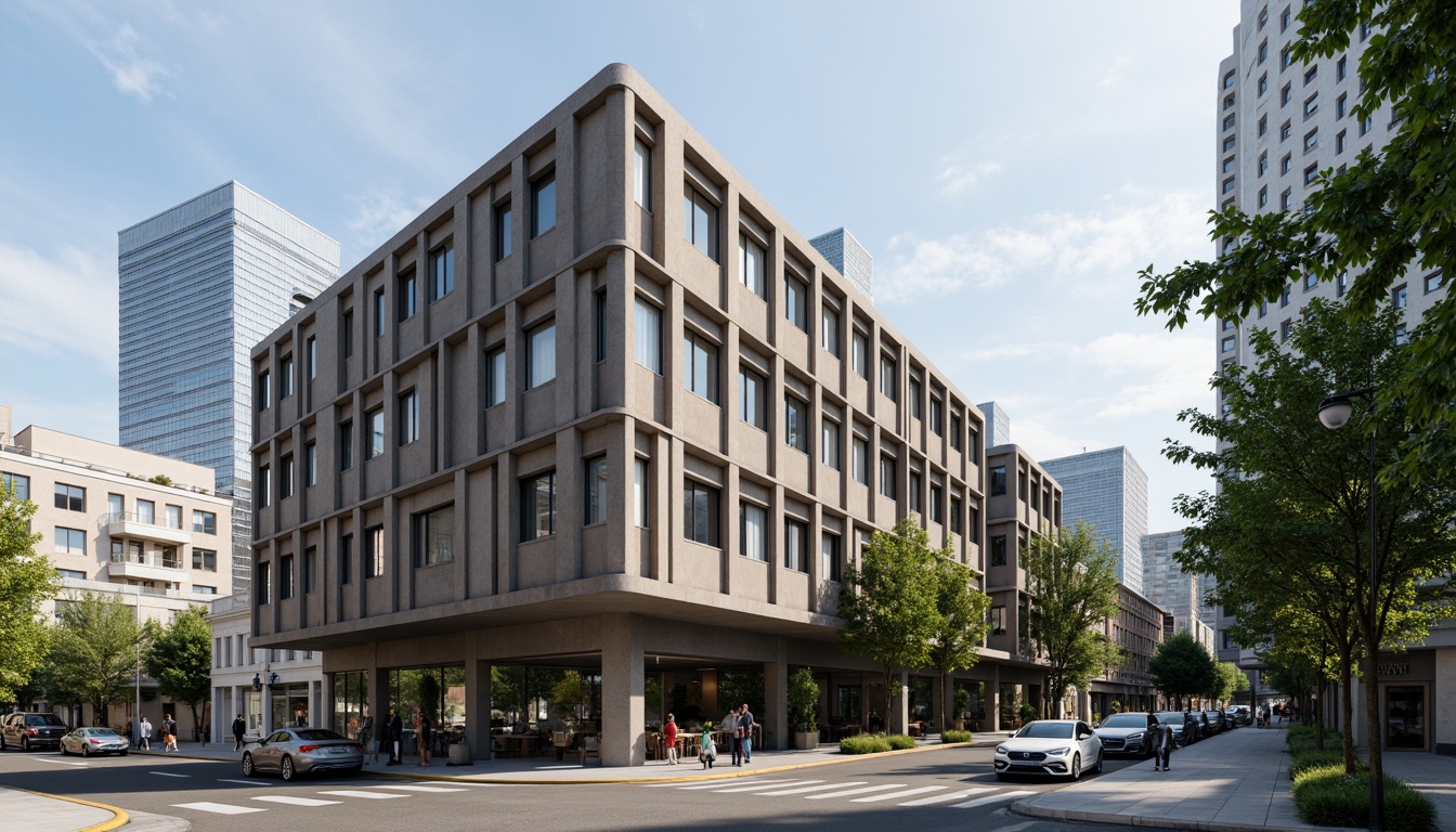 Prompt: Fiber-cement composite material, industrial building facade, modern architecture, grey-brown color palette, textured surfaces, geometric patterns, structural durability, weather resistance, eco-friendly construction, sustainable development, urban landscape, cityscape views, natural light reflection, softbox lighting, 1/2 composition, detailed textures, realistic render.