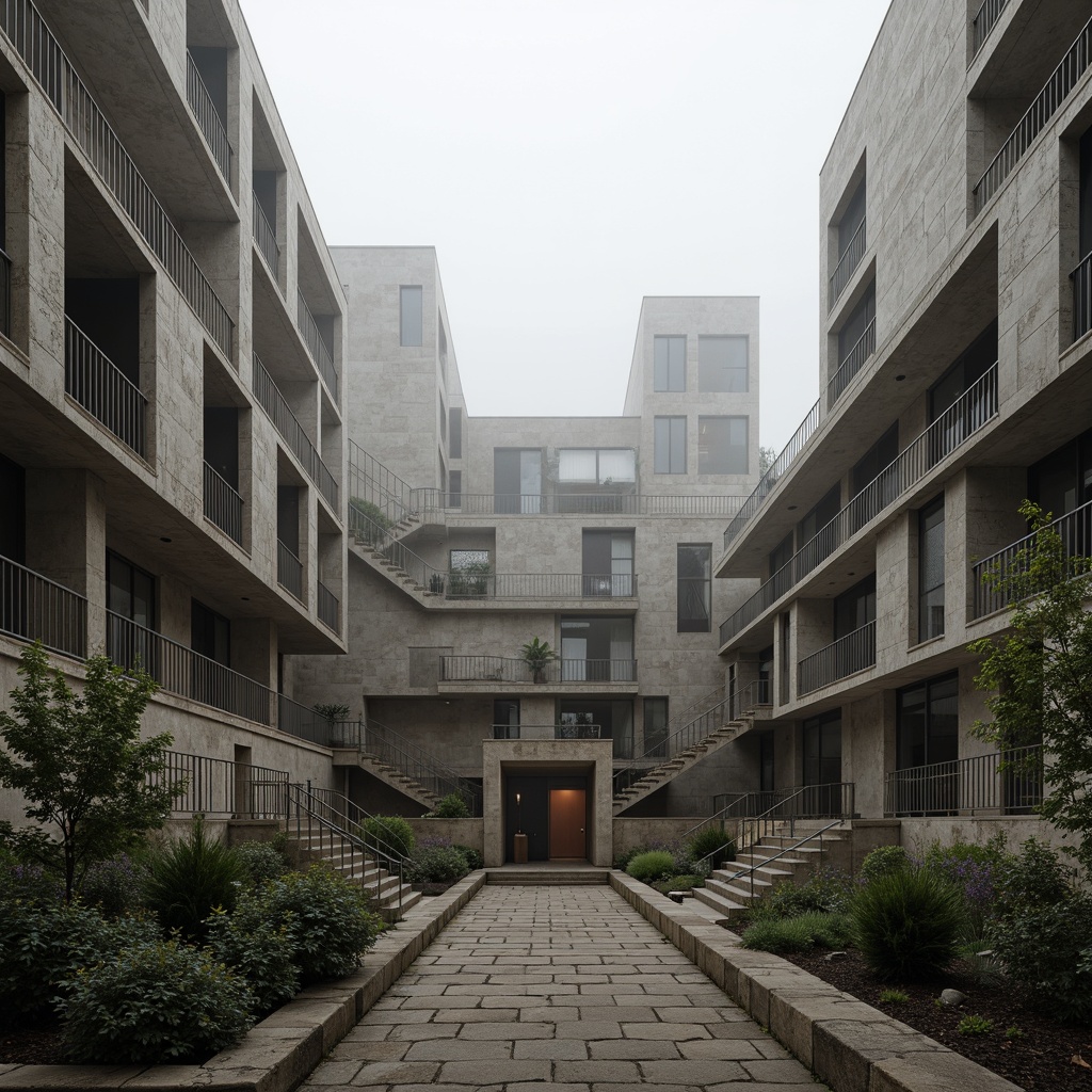 Prompt: Rugged amphitheater, brutalist architecture, raw concrete structures, geometric staircases, cantilevered seating areas, weathered stone walls, exposed ductwork, industrial metal railings, minimalist landscaping, sparse vegetation, dramatic natural light, high-contrast shadows, bold geometric forms, fortress-like design, imposing scale, monumental entrance, atmospheric fog, low-angle photography, cinematic composition, gritty textures, subtle color palette.