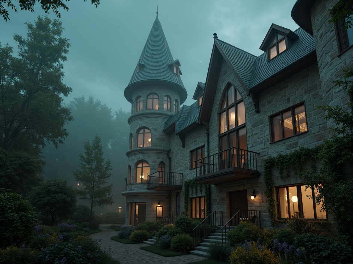 Prompt: Mystical towers, whimsical architecture, ornate details, curved lines, grandeur scale, misty atmosphere, dreamy lighting, soft focus, warm color palette, rustic stone walls, ivy-covered facades, winding staircases, Gothic-inspired windows, intricate ironwork, mysterious forests, twinkling stars, full moon, subtle fog, atmospheric perspective, 1/1 composition, cinematic mood, dramatic shadows, romantic ambiance.