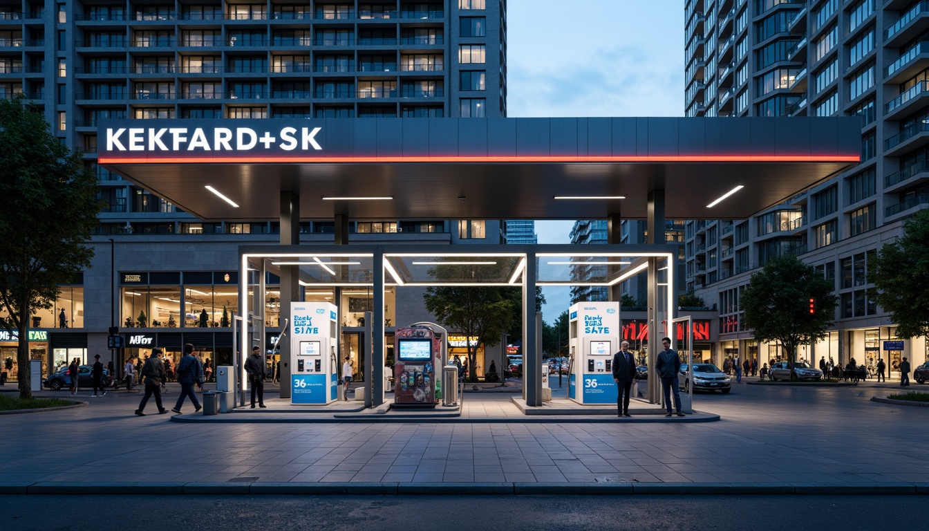 Prompt: Modern gas station, clean lines, minimal ornamentation, functional layout, user-centric design, geometric shapes, industrial materials, steel canopies, glass walls, neon signage, LED lighting, futuristic ambiance, urban setting, busy streets, cityscape views, shallow depth of field, 2/3 composition, realistic textures, ambient occlusion.