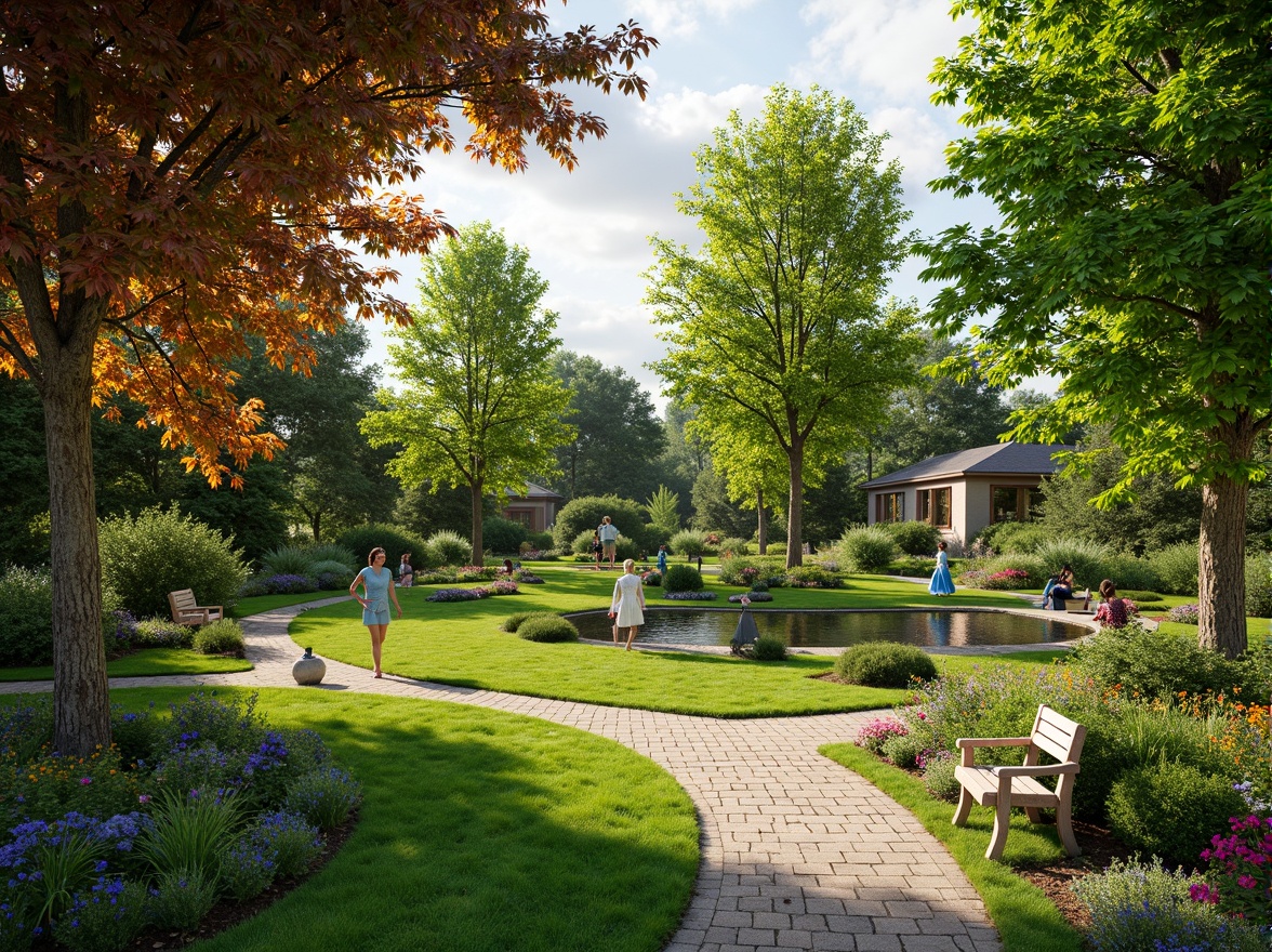 Prompt: Lush green lawn, vibrant flowerbeds, decorative shrubs, meandering pathways, natural stone walkways, ornate garden benches, artistic sculptures, serene water features, tranquil ponds, rustic wooden bridges, colorful seasonal blooms, sunny day, soft warm lighting, shallow depth of field, 3/4 composition, panoramic view, realistic textures, ambient occlusion.