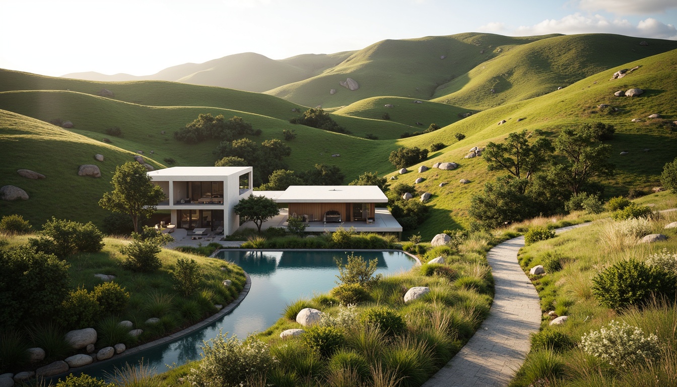 Prompt: Rolling hills, lush greenery, meandering pathways, serene water features, natural stone walls, weathered wood accents, curved lines, organic forms, seamless transitions, harmonious integration, modern architectural design, large overhangs, cantilevered structures, floor-to-ceiling windows, sliding glass doors, warm natural lighting, soft shadows, 1/2 composition, atmospheric perspective, realistic textures, ambient occlusion.