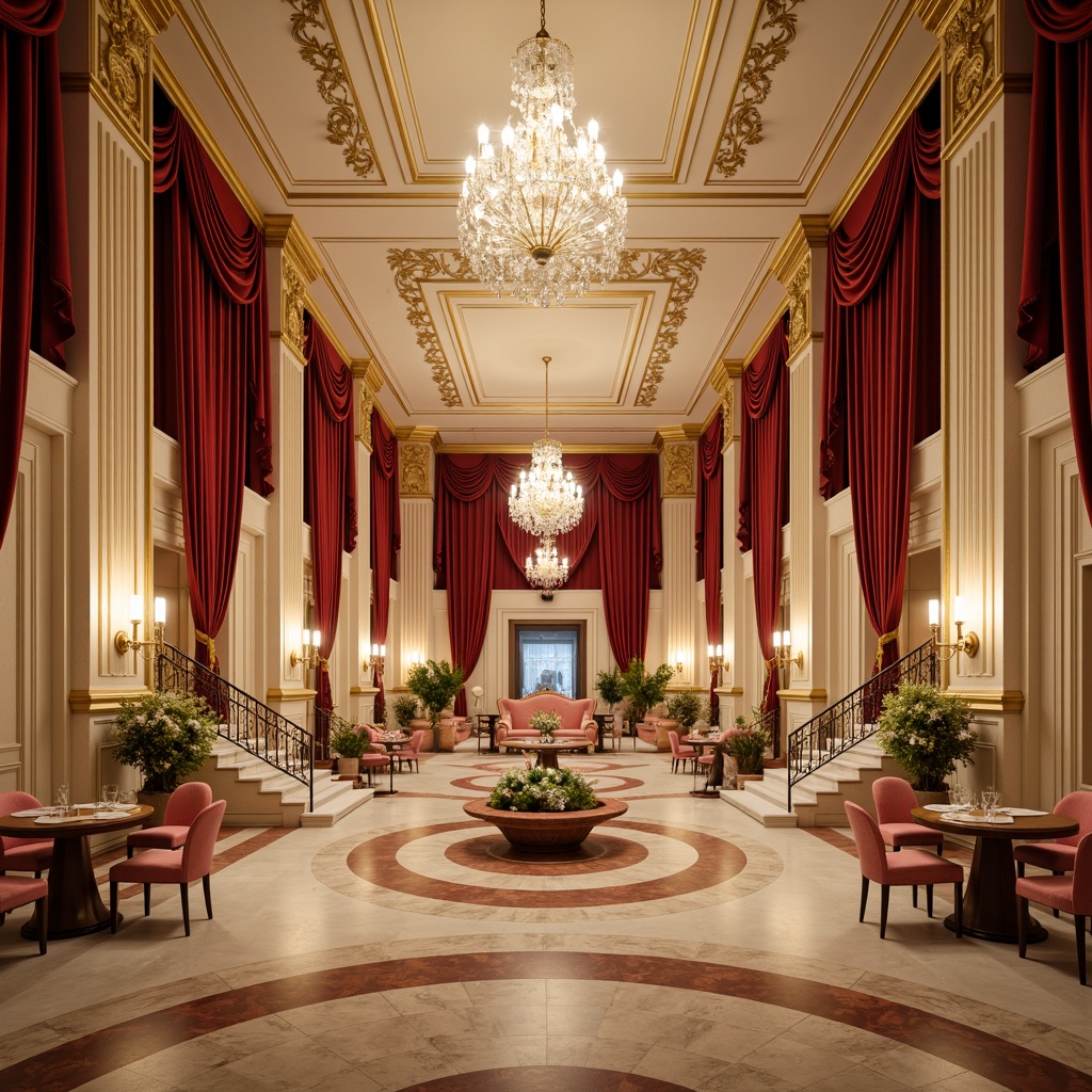 Prompt: Elegant banquet hall, luxurious chandeliers, rich velvet drapes, polished marble floors, ornate gold accents, cream-colored walls, intricate moldings, grand staircases, majestic columns, opulent furnishings, lavish decorations, soft warm lighting, shallow depth of field, 1/1 composition, realistic textures, ambient occlusion.