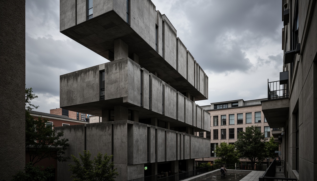 Prompt: Geometric concrete fa\u00e7ade, brutalist architecture, rectangular windows, cantilevered rooflines, raw industrial textures, urban cityscape, gloomy overcast sky, dramatic shadows, high-contrast lighting, 1-point perspective, symmetrical composition, abstract patterns, monochromatic color scheme, exposed ductwork, functionalism-inspired design, minimalist ornamentation, rugged stone walls, metallic accents, modernist typography.