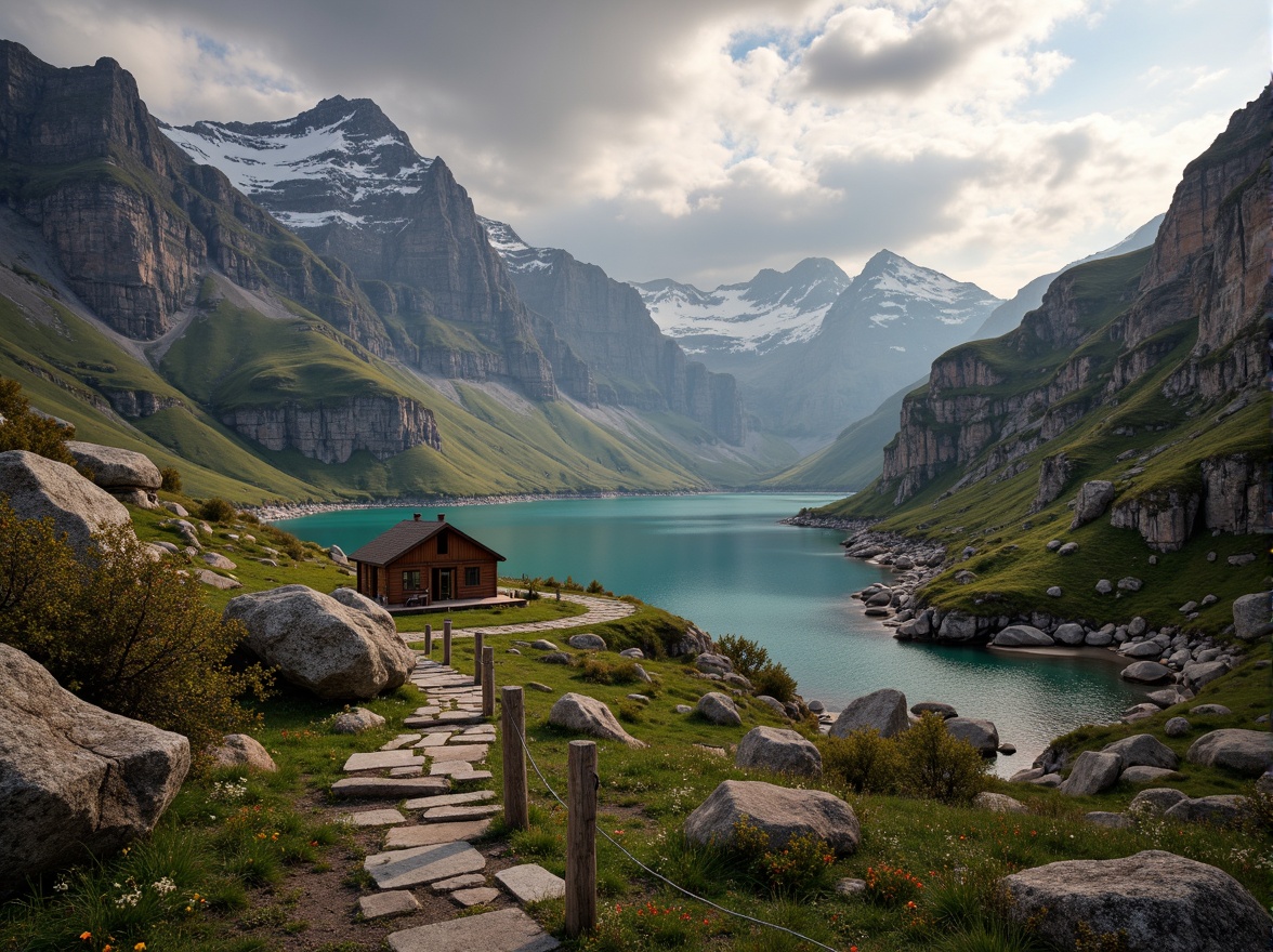 Prompt: Earth-toned mountain peaks, rugged terrain, snow-capped summits, misty valleys, serene lakes, rustic wooden cabins, natural stone pathways, weathered tree trunks, vibrant wildflowers, moss-covered rocks, gentle waterfalls, soft morning light, warm afternoon sun, dramatic cloud formations, cinematic depth of field, 2/3 composition, atmospheric perspective, realistic rock textures, ambient occlusion.