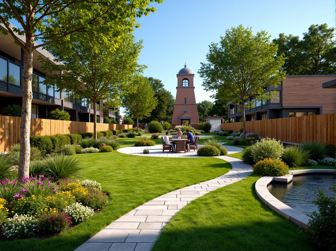 Prompt: Lush green lawn, colorful blooming flowers, decorative stone pathways, rustic wooden fences, tranquil water features, majestic trees, vibrant outdoor lighting, cozy seating areas, natural stone retaining walls, curved garden beds, ornamental shrubs, winding walkways, serene ambiance, warm sunny day, shallow depth of field, 3/4 composition, panoramic view.