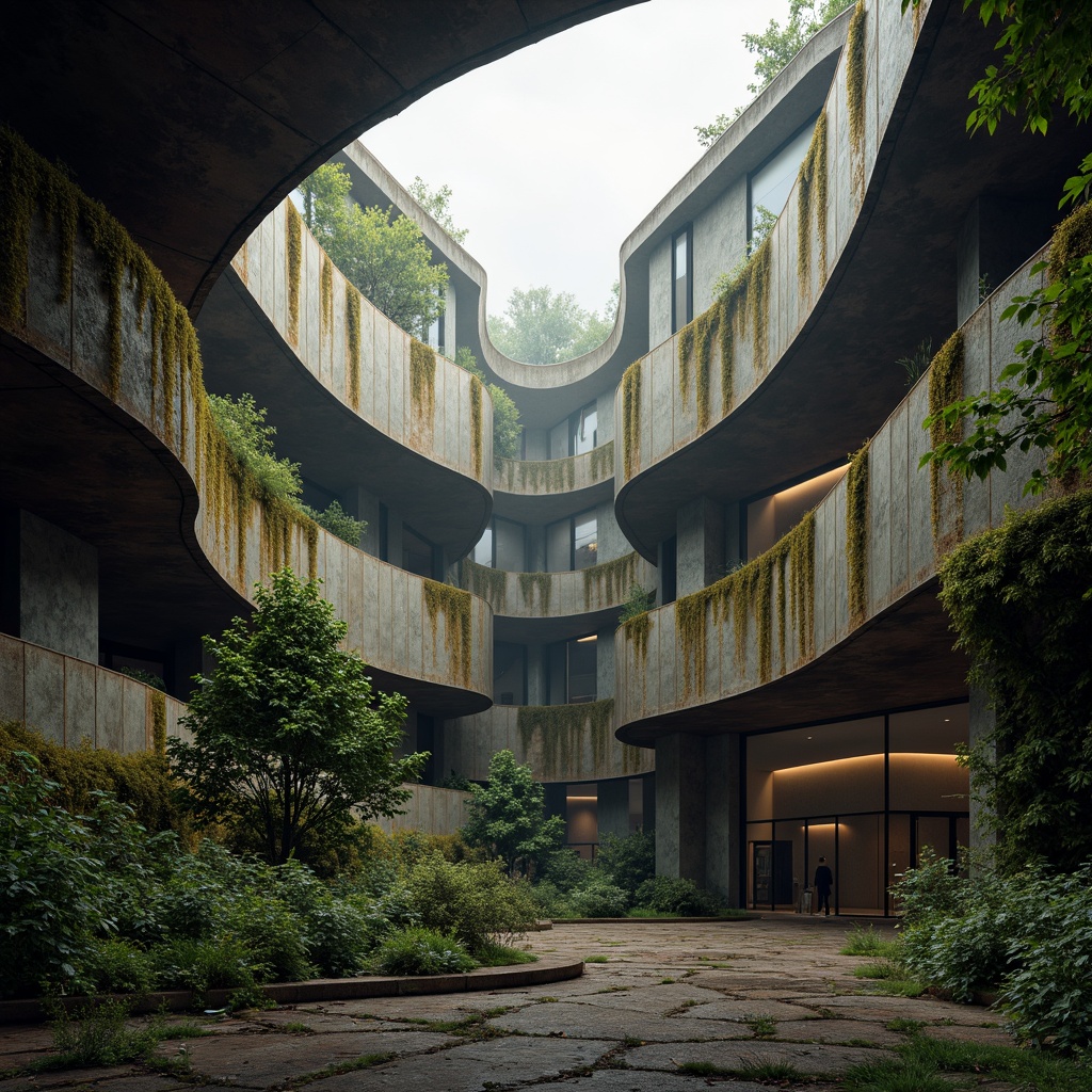 Prompt: Curved industrial buildings, worn metallic surfaces, rusty steel beams, organic blob-like forms, rounded edges, natural stone accents, moss-covered walls, overgrown vegetation, abandoned factory settings, misty atmosphere, warm soft lighting, shallow depth of field, 1/2 composition, cinematic view, realistic textures, ambient occlusion.