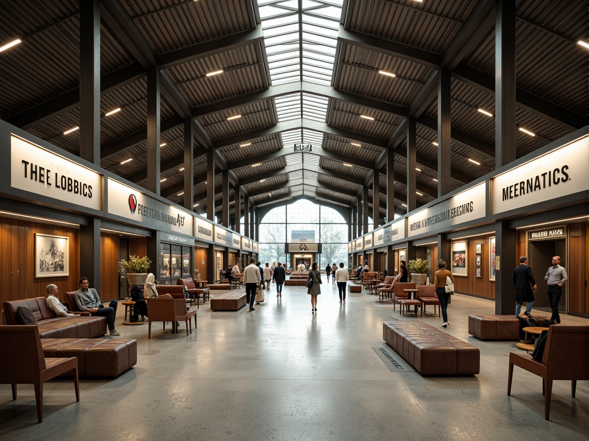 Prompt: Modernist train station interior, geometric shapes, industrial materials, steel beams, concrete floors, minimalist decor, functional lighting, open-plan layout, efficient circulation paths, rationalized furniture, rectangular ticket counters, sleek metal benches, vintage luggage racks, distressed leather seats, rich wood accents, Art Deco-inspired signage, bold typography, warm color palette, natural light pouring in, shallow depth of field, 1/1 composition, symmetrical framing, high contrast ratio.