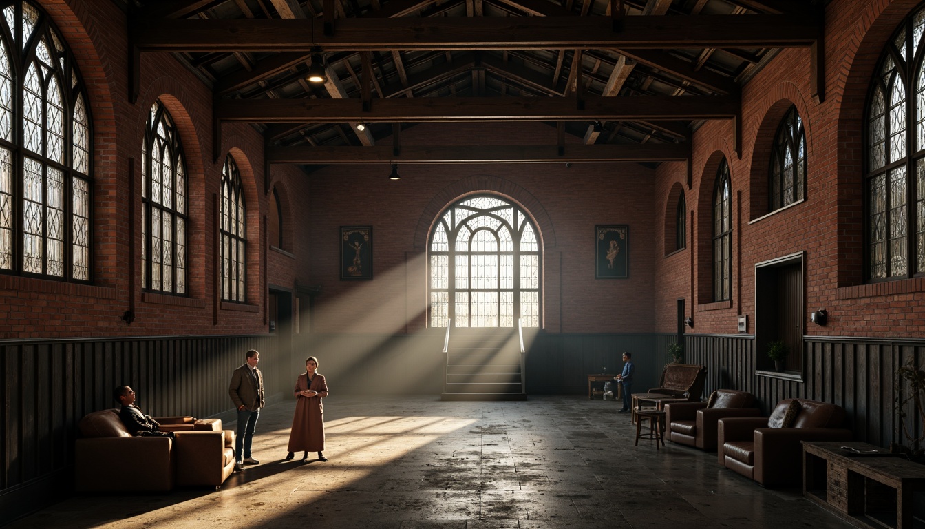 Prompt: Rustic warehouse interior, exposed brick walls, dark wooden beams, industrial steel frames, majestic Gothic arches, ornate stone carvings, stained glass windows, dim warm lighting, atmospheric fog, cinematic shadows, high contrast ratio, dramatic focal length, 1/1 composition, symmetrical framing, intricate texture details, ambient occlusion.