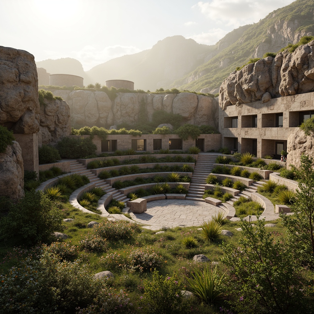 Prompt: Rugged amphitheater, brutalist architecture, raw concrete structures, weathered stone walls, dramatic staircase, cantilevered seating areas, lush green roofs, native plant species, wildflower meadows, natural rock formations, surrounding hills, misty atmosphere, warm golden lighting, high contrast shadows, 1/2 composition, cinematic view, realistic textures, ambient occlusion.