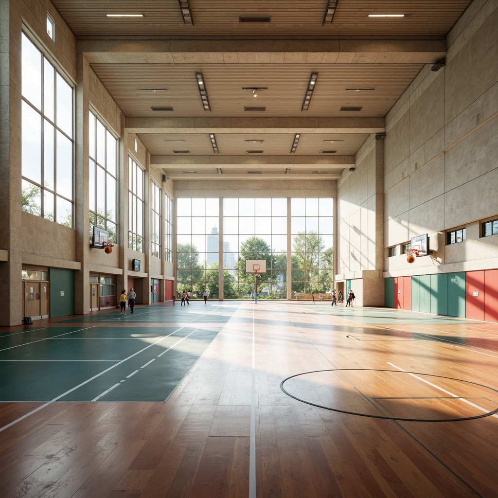 Prompt: Bright gymnasium interior, high ceilings, large windows, natural light pouring in, athletic equipment, basketball hoops, tennis courts, running tracks, wooden floors, modern architecture, minimalist design, sleek lines, vibrant colors, ambient occlusion, soft warm lighting, shallow depth of field, 3/4 composition, panoramic view, realistic textures.