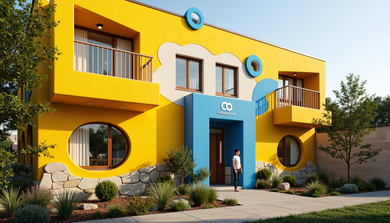 Prompt: Vibrant kindergarten facade, playful color scheme, whimsical shapes, irregular windows, rounded corners, bright yellow walls, blue accents, interactive outdoor spaces, climbing walls, rope nets, sensory gardens, educational murals, natural stone foundations, wooden doorways, circular skylights, warm morning light, soft focus, shallow depth of field, 1/2 composition, inviting entranceways, creative architectural details.