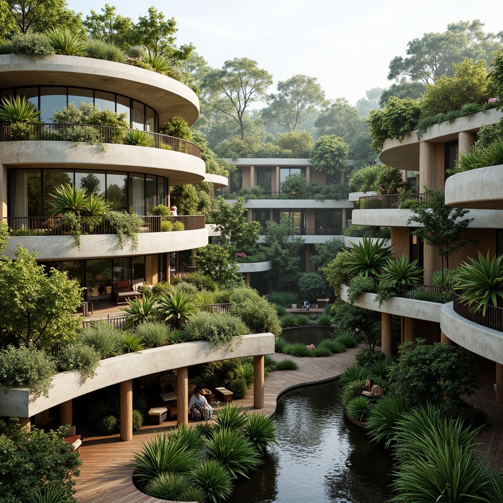 Prompt: Harmonious landscape integration, lush green roofs, native plants, meandering walkways, natural stone walls, wooden decks, cantilevered overhangs, biophilic architecture, organic forms, earthy tones, seamless transitions, soft ambient lighting, 1/1 composition, shallow depth of field, realistic textures, ambient occlusion, serene atmosphere, peaceful surroundings.